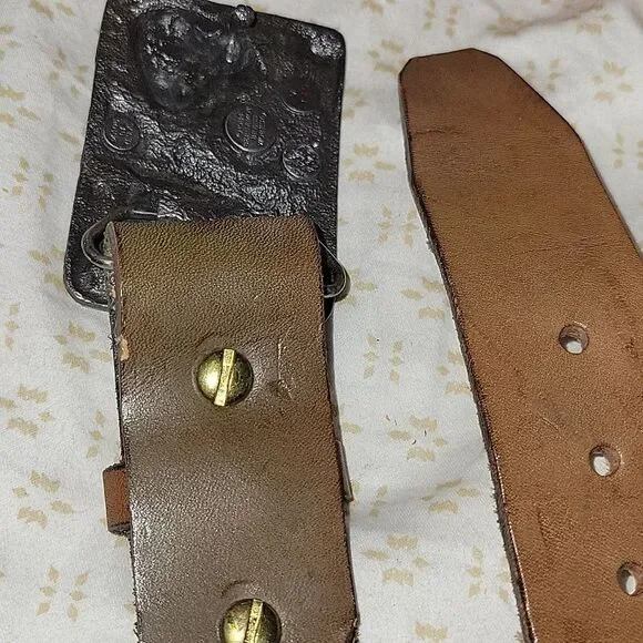 Vintage Bergamont brass works 1984 Raccoon imprinted leather belt and buckle